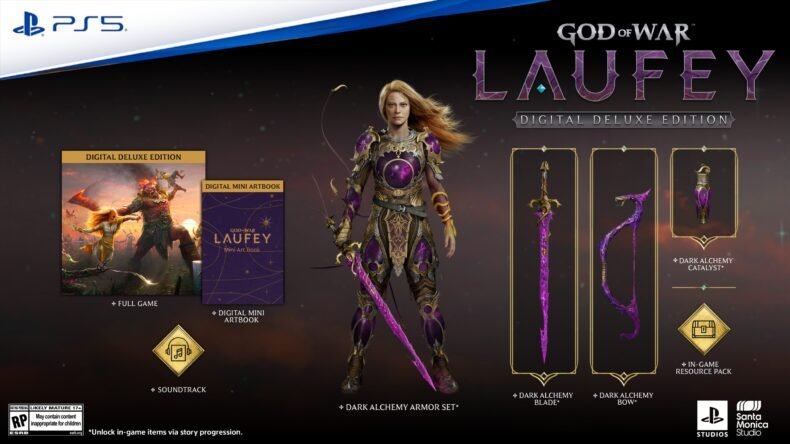 Arte de 'God of War: Laufey Digital Deluxe Edition' para PS5 apresenta um personagem com o conjunto de armadura Dark Alchemy, acompanhado de uma lâmina, um arco e um catalisador Dark Alchemy, incluindo também um minilivro de arte digital e a trilha sonora