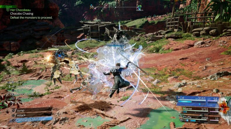 Um personagem em Final Fantasy VII Rebirth executa o golpe 