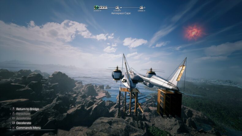 Uma aeronave futurista paira sobre uma paisagem rochosa em um ambiente de jogo, com opções na tela, incluindo 