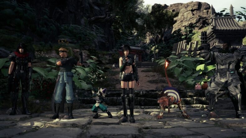 Personagens de Final Fantasy VII reunidos em uma floresta exuberante.