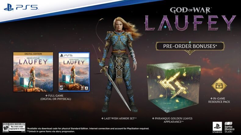 Imagem promocional de God of War: Laufey para PS5 mostra bônus de pré-venda, incluindo o "Conjunto de Armadura Último Desejo" (Last Wish Armor Set), o visual "Folhas Douradas de Phranque" (Phranque Golden Leaves Appearance) e o jogo completo em formato digital ou físico