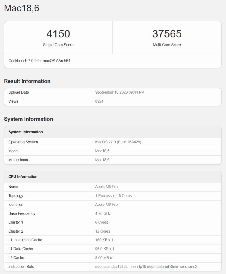 Listagem falsa do M6 Pro no Geekbench 7