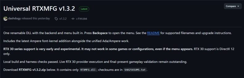 Uma página de lançamento do software 'Universal RTXMFG v1.3.2', de dashdogy, destaca o suporte experimental à série RTX 30, com um arquivo para download chamado 'RTXMFG-v1.3.2.zip' contendo 'RTXMFG.dll'.
