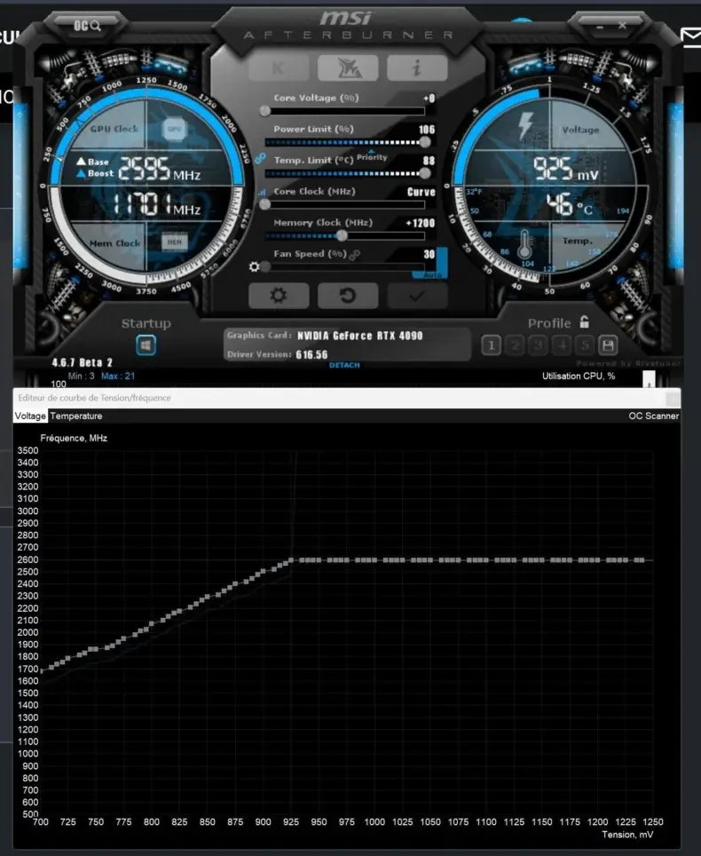 A interface do MSI Afterburner mostra uma NVIDIA GeForce RTX 4090 com overclock, clock base de '2595 MHz' e clock de memória em '+1200 MHz', além de um gráfico de desempenho que relaciona 'Frequência, MHz' e 'Tensão, mV'.