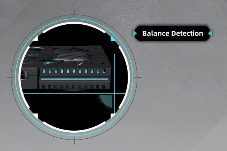 Close de uma placa de vídeo com o texto destacado 'Balance Detection' em uma sobreposição estilizada.
