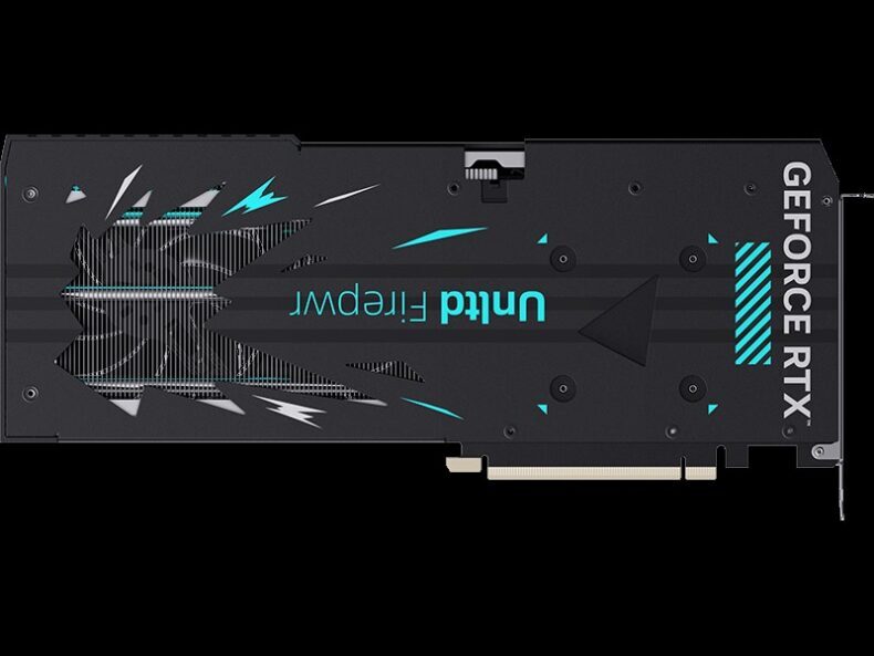 Vista traseira de uma placa de vídeo NVIDIA GeForce RTX com 'unlif Firepower' e padrões estilizados em verde-azulado e branco.