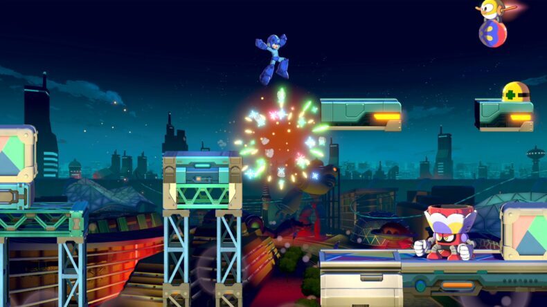Mega Man pulando sobre um inimigo em uma fase de videogame com uma cidade futurista ao fundo.