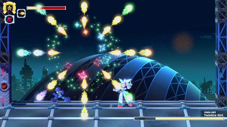 Uma cena de Mega Man mostra Mega Man enfrentando DWN.089 Twinkle Girl sob um céu noturno repleto de projéteis coloridos.