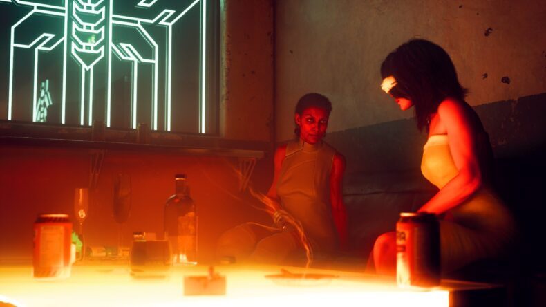 Dois personagens de 'NO LAW' sentados a uma mesa iluminada por neon, com bebidas e cigarros.