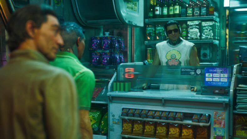 Uma cena do jogo 'NO LAW' mostrando um vendedor de óculos escuros e fones de ouvido atrás de um balcão com lanches e garrafas, com uma placa dizendo 'MANTENHA A PAZ - EVITE CONSEQUÊNCIAS'.