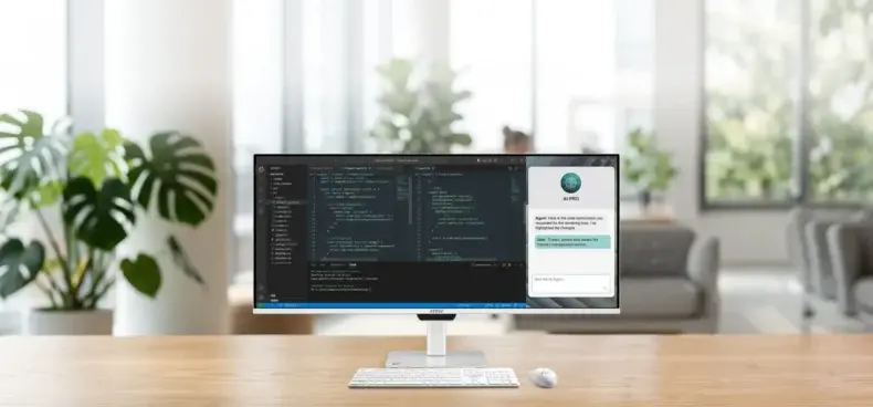 Um monitor MSI sobre uma mesa exibe um editor de código e uma interface de chat 'AI PRO' discutindo a otimização do código.