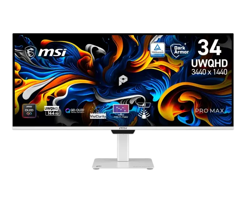 A imagem mostra um monitor MSI OLED QD com resolução '34 UWQHD 3440 x 1440', apresentando '144 Hz', 'VisiClarity', 'AI' e 'MSI M-Mate' na tela.