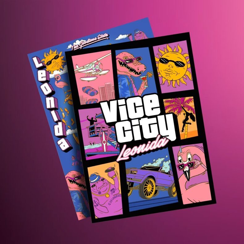 Pôsteres com arte em estilo cartoon, exibindo os textos Vice City Leonida e Leonida sobre um fundo vibrante