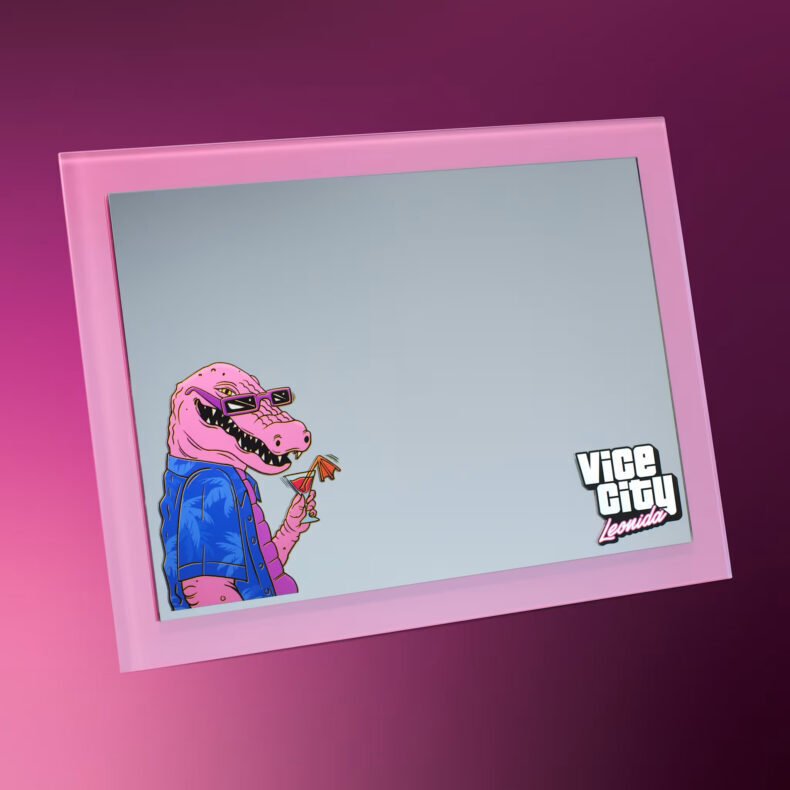 Um jacaré usando óculos de sol e uma camisa azul segura um coquetel sob o texto Vice City Leonida, em um pôster emoldurado com borda rosa