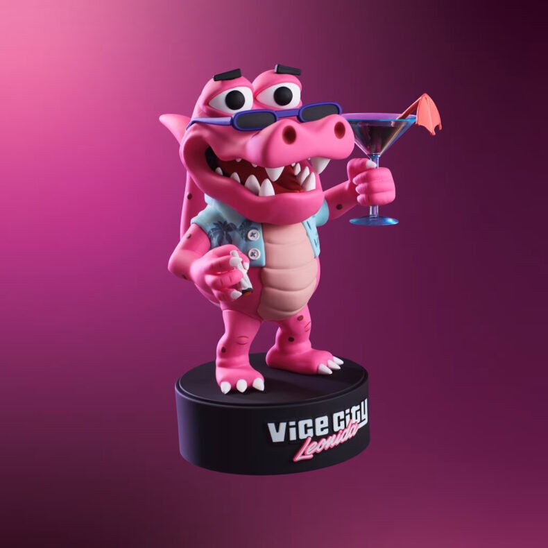 Uma estatueta de desenho animado de um jacaré rosa, usando óculos de sol e uma camisa tropical, segura um coquetel e está sobre uma base com a inscrição Vice City Leonida