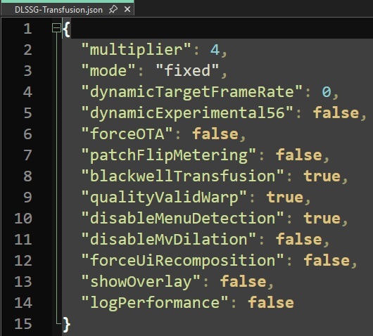 Uma captura de tela de um arquivo de configuração JSON chamado 'DLSSG-Transfusion.json' mostra várias configurações, incluindo 'multiplier': 4, 'mode': 'fixed' e 'blackwellTransfusion': true.