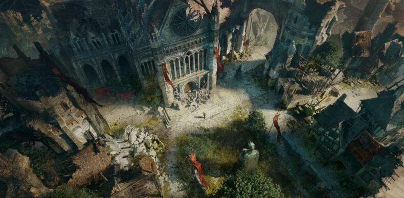 Uma vista aérea de uma antiga cidade detalhada e em ruínas do jogo Diablo V, com uma grande catedral cercada por edifícios desmoronando e destroços espalhados.