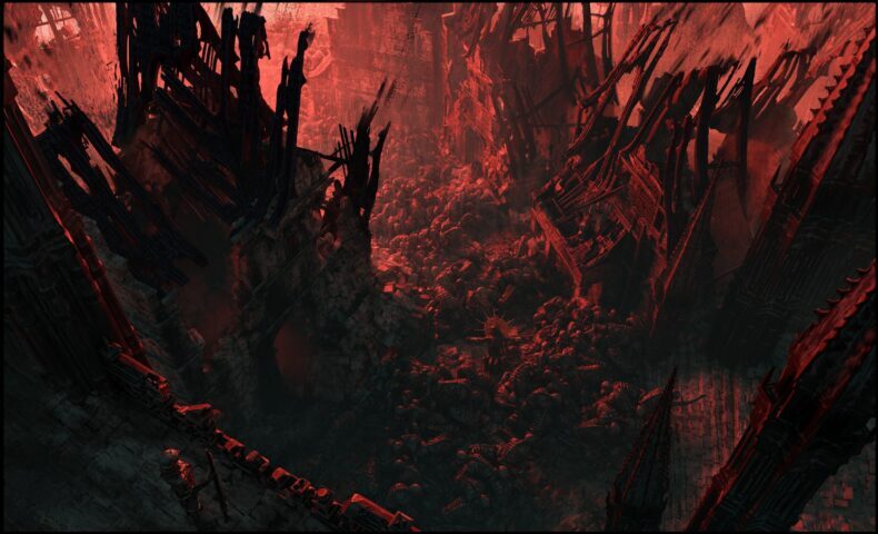 Um personagem de Diablo IV está à beira de um abismo escuro, iluminado em vermelho e repleto de restos de esqueletos e estruturas desmoronando.