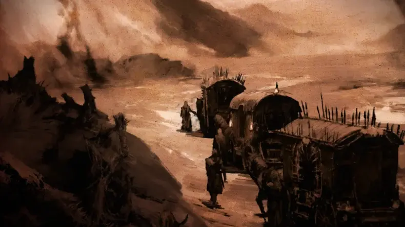 Uma paisagem escura e sombria com uma caravana de carroças cobertas e figuras caminhando por um caminho árido e desolado, cercado por um terreno retorcido e ameaçador sob um céu dramático.