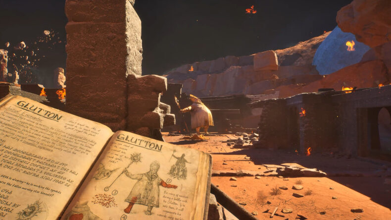 Uma cena do jogo 'Lords of the Fallen' mostra um personagem em uma paisagem em ruínas e em chamas, com as páginas abertas de um livro intitulado 'GLUTTON', exibindo ilustrações e um texto sobre um encontro.