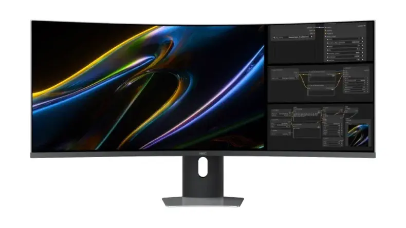 Um monitor curvo HKC exibe gráficos abstratos coloridos e janelas de interface de programação na tela.