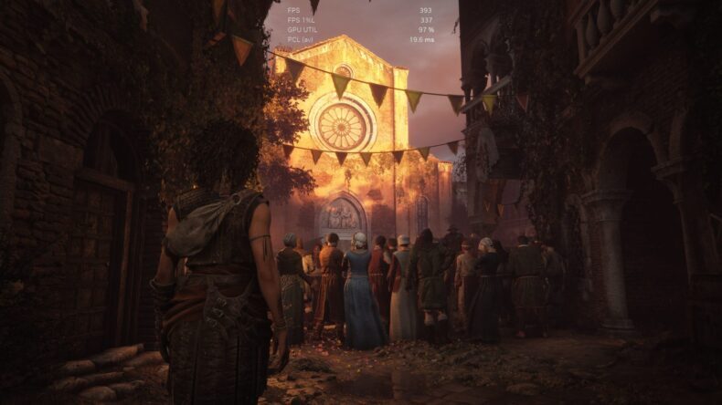 Um personagem com trajes medievais está em uma rua movimentada, diante da fachada de uma igreja iluminada pelo sol, com os textos na tela 'FPS 393', 'FPS 1%L 337', 'GPU UTIL 97%' e 'PCL (av) 19.6 ms'.