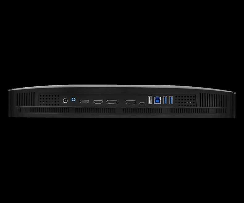 O painel traseiro de um mini PC compacto MSI com duas portas HDMI, duas portas USB 3.0, uma porta USB 2.0, uma entrada de áudio e entrada de alimentação.