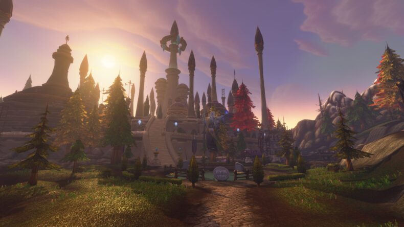 Uma cena de World of Warcraft mostra um edifício alto e elaborado cercado por árvores ao entardecer.