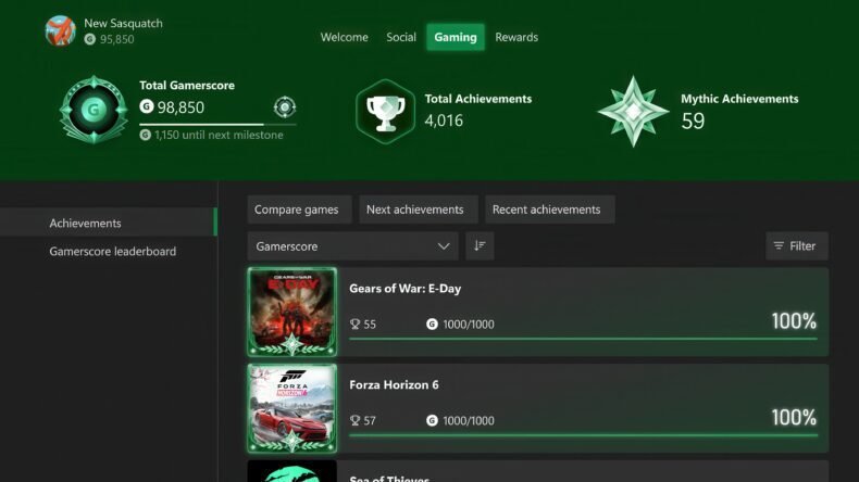 Histórico de jogos no perfil do Xbox